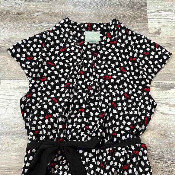 Maeve Dress Black Cherry Leaf Print Button Front Fit & Flare Sz S - Picture 2 of 9